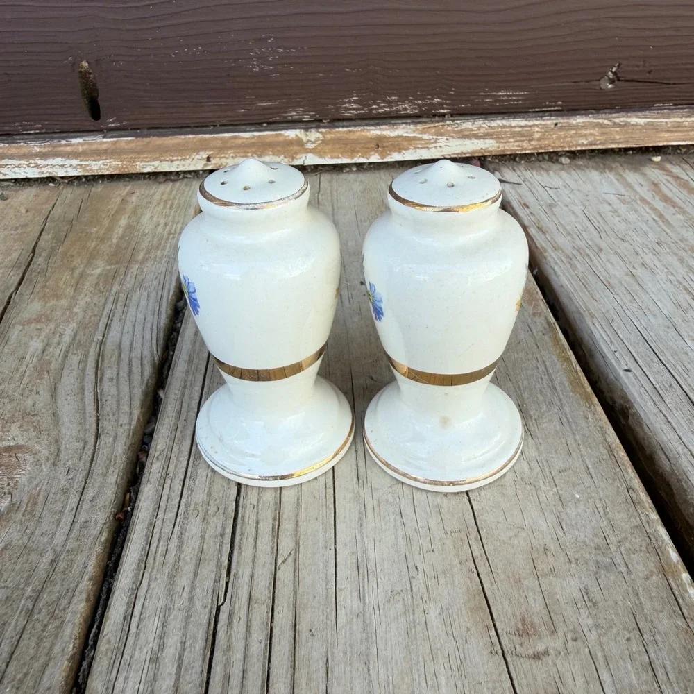 Vintage Floral Ceramic Salt and Pepper Shakers White Gold Trim 4.5 Inch